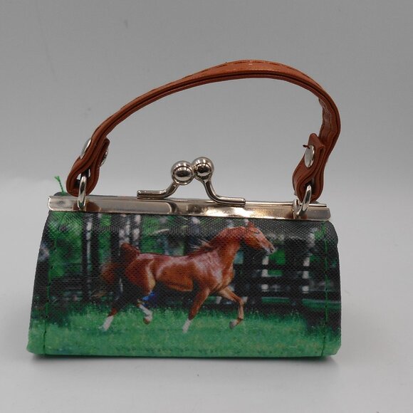 MINI LIPSTICK HORSE THEME PURSE GREEN BROWN AND SILVER CUTE - Picture 2 of 12